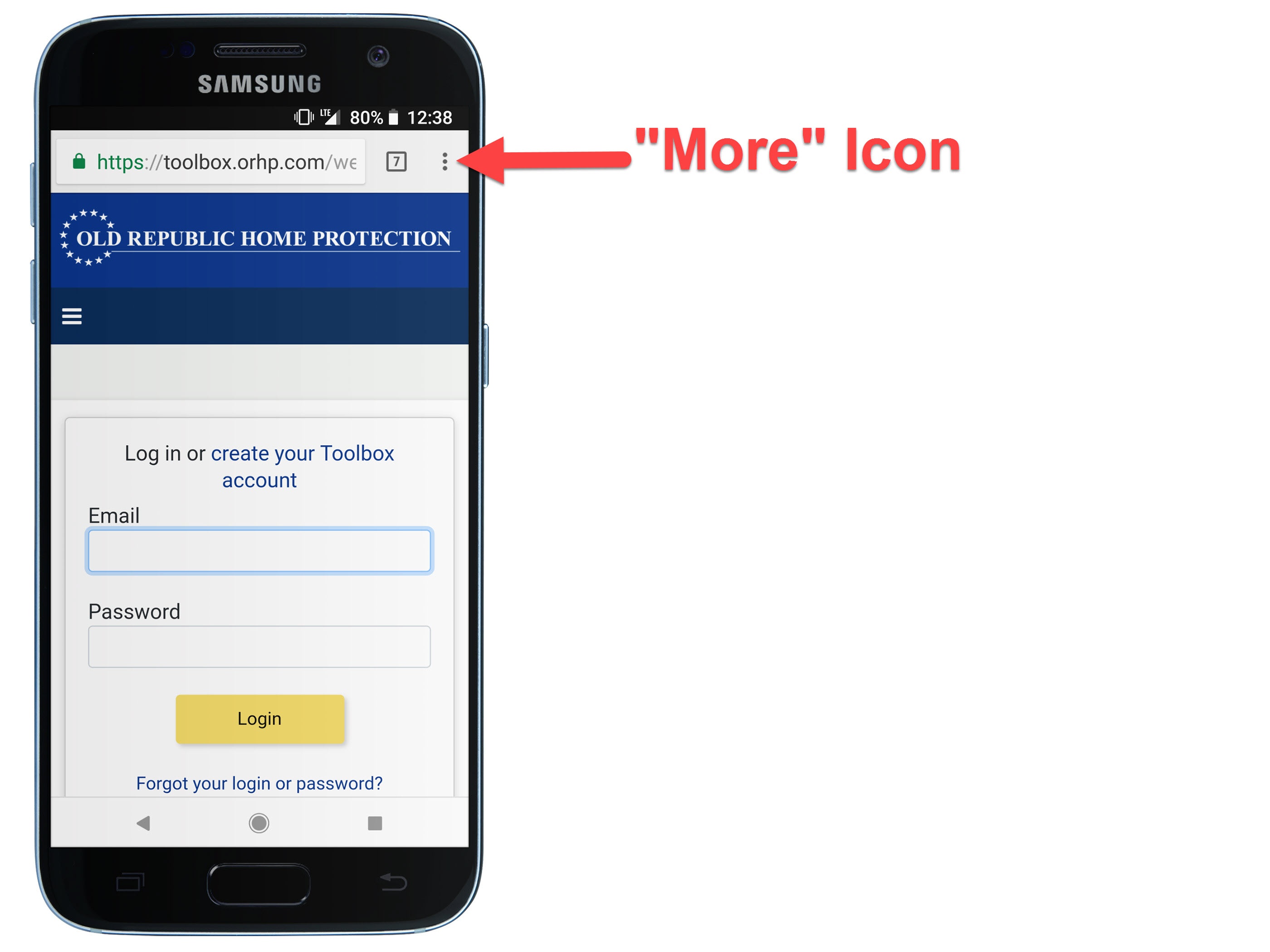 An Android phone logged into the Old Republic Home Protection Toolbox.