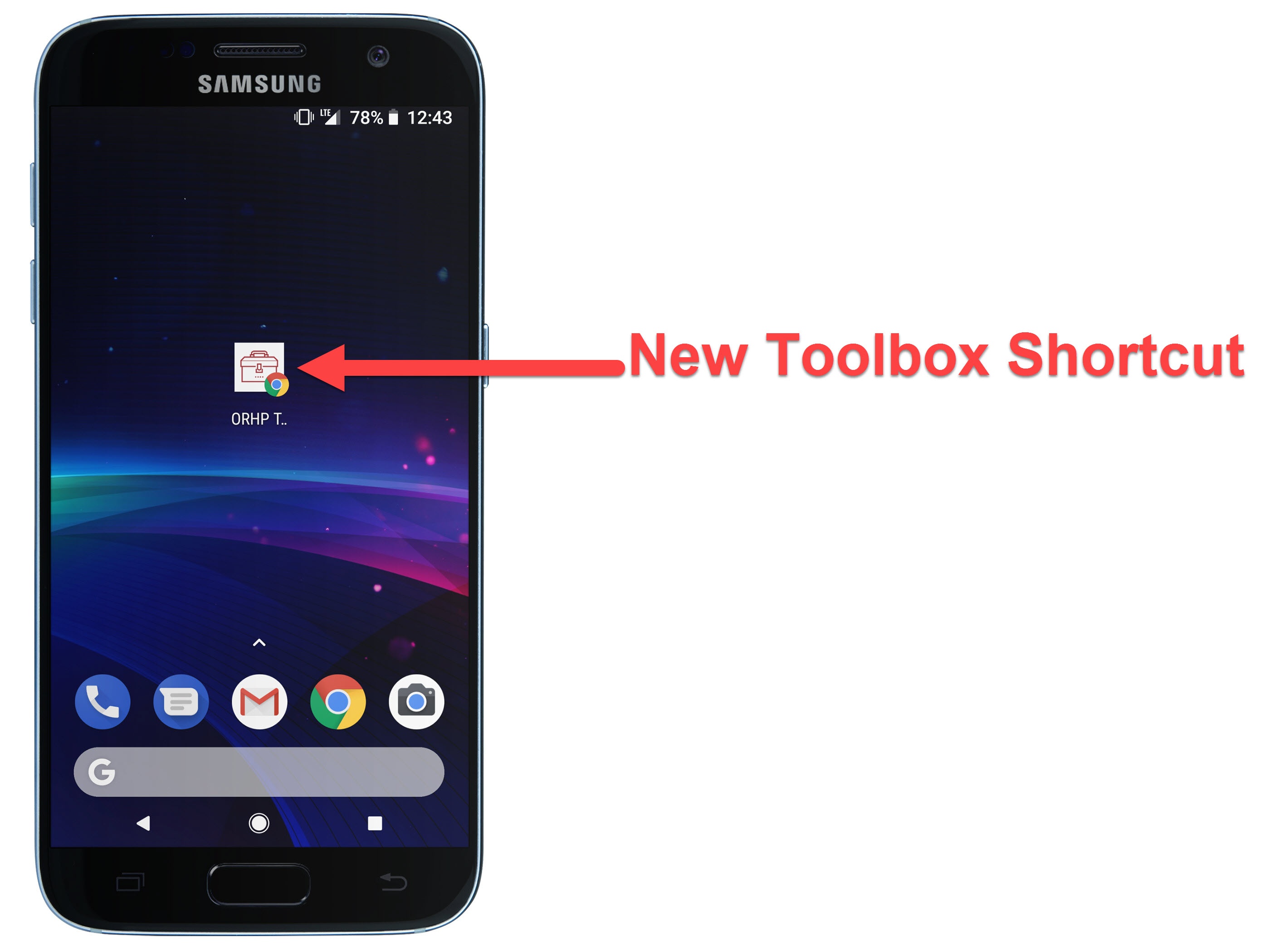 Android smartphone with ORHP Toolbox icon added to the home screen.