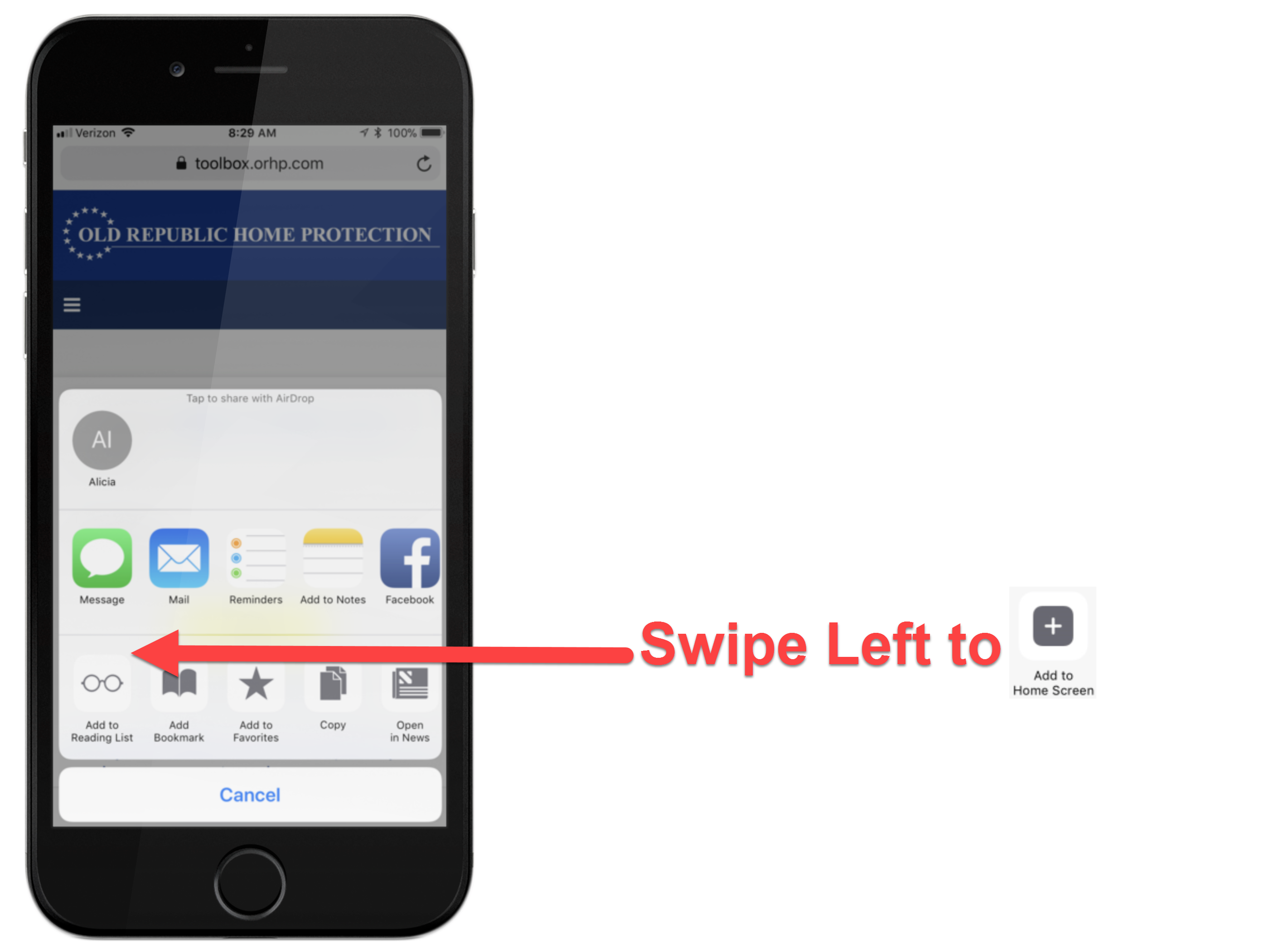 Clicking the Export icon on an iPhone to create a smartphone shortcut.